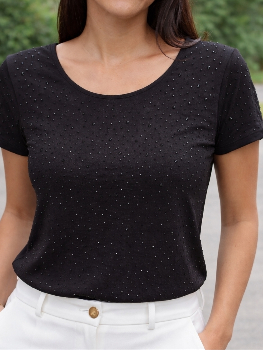 Zara Black Short-Sleeve Crewneck Top with Subtle Stud Detail